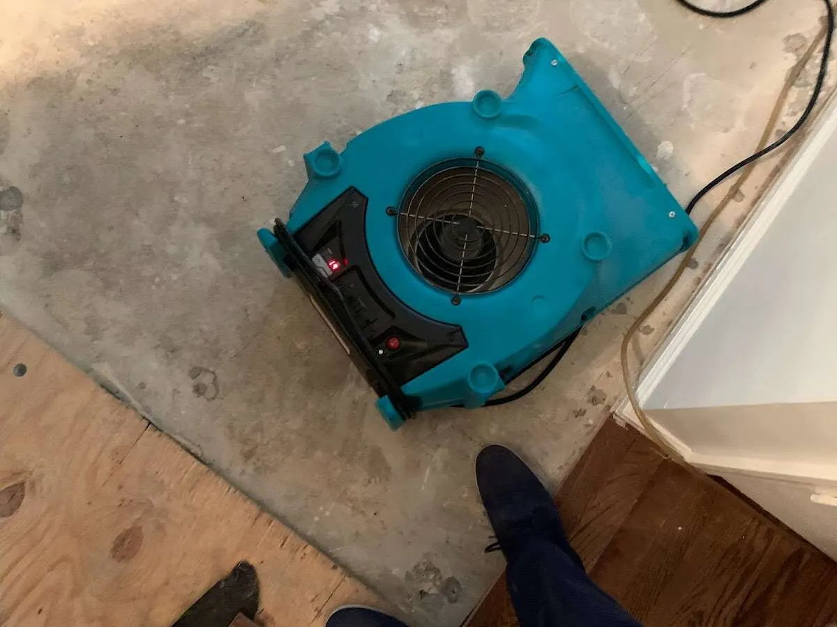 Air mover drying subfloor during Leak Detection & Repair in Blacklick Estates
